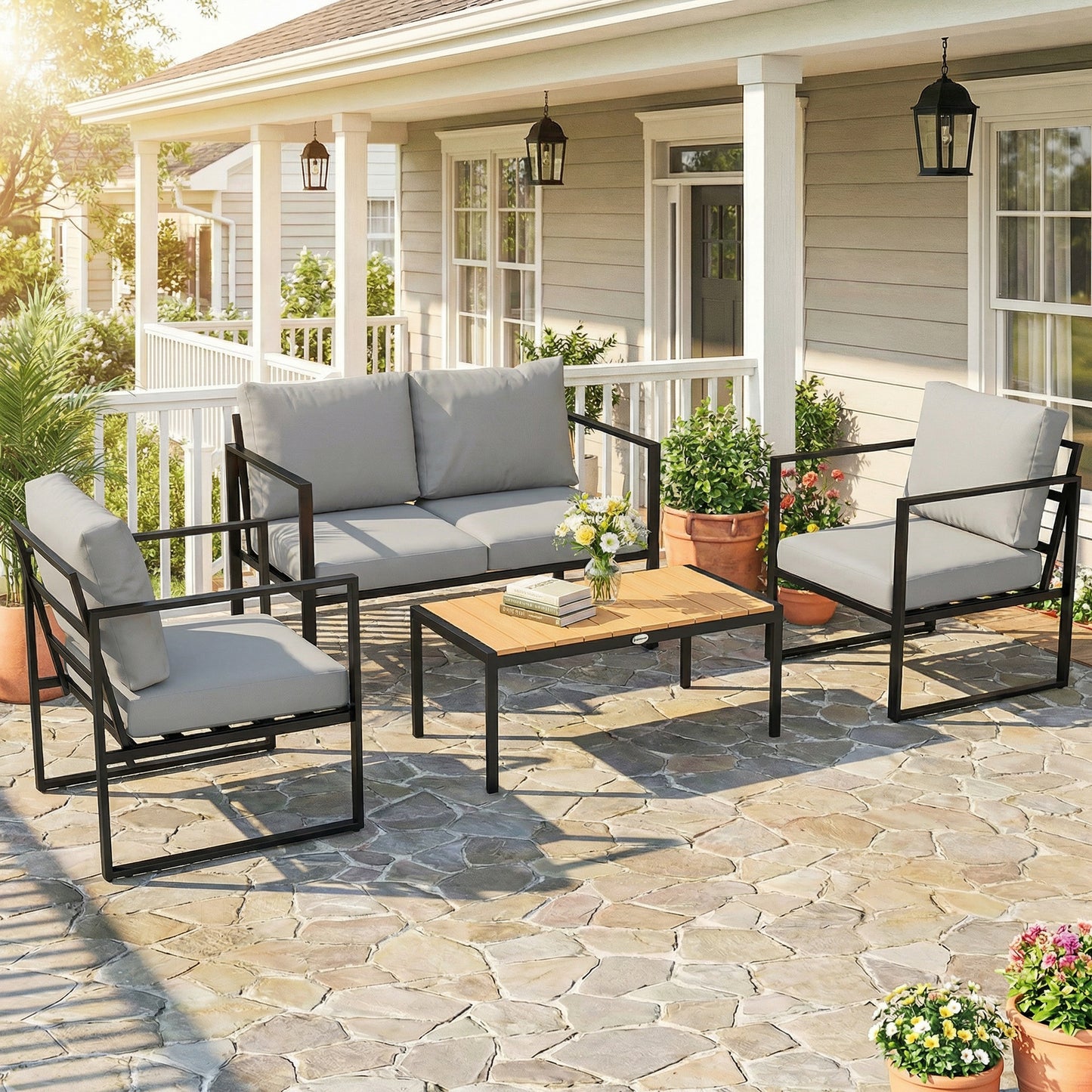 4-Piece Garden Sofa Set | Loveseat | 2 Armchairs | Slatted Plastic-Wood Coffee Table | Powder-Coated Frame | Zip Cushion Covers | Adjustable Foot Pads | 240kg Loveseat Capacity | Grey