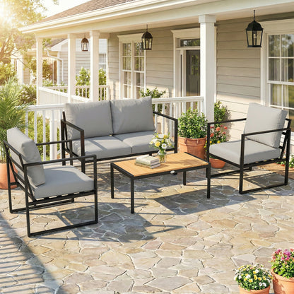 4-Piece Garden Sofa Set | Loveseat | 2 Armchairs | Slatted Plastic-Wood Coffee Table | Powder-Coated Frame | Zip Cushion Covers | Adjustable Foot Pads | 240kg Loveseat Capacity | Grey