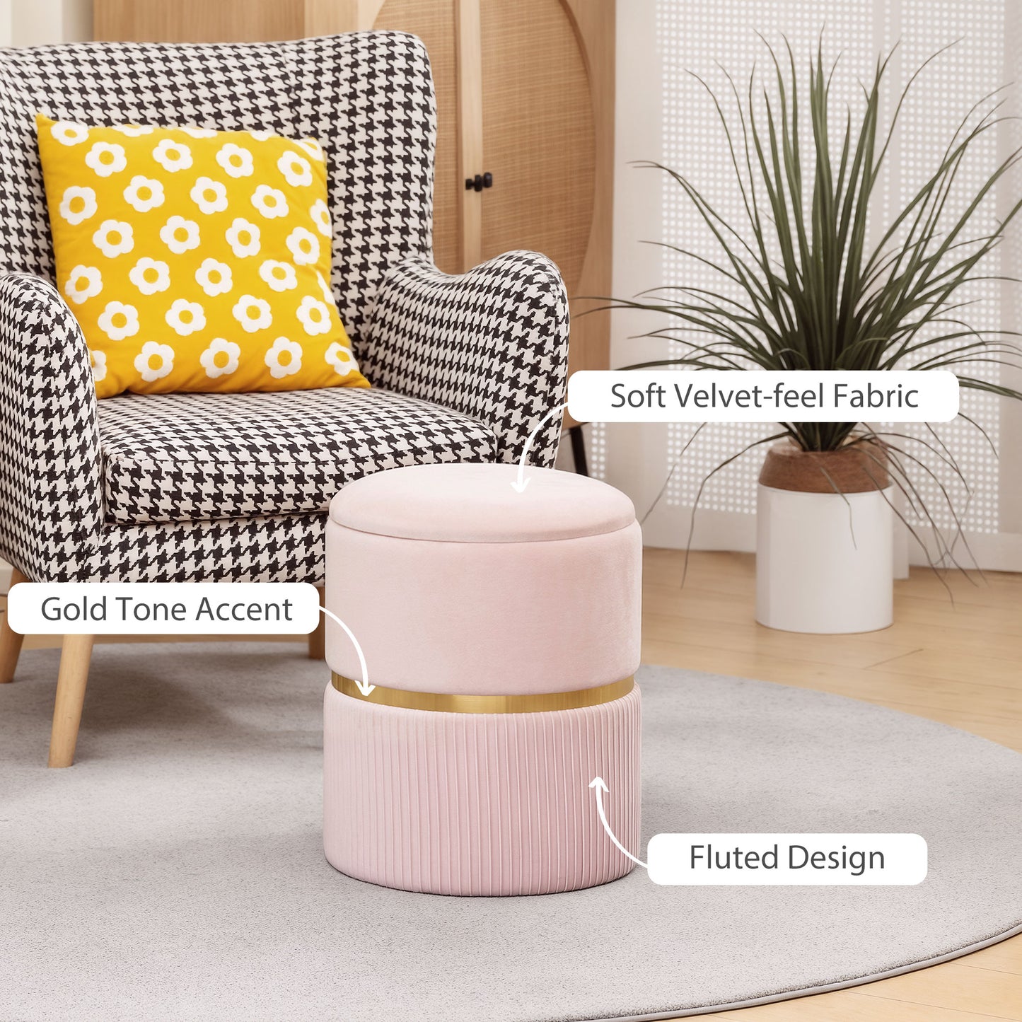 Velvet-Feel Storage Ottoman - Pink
