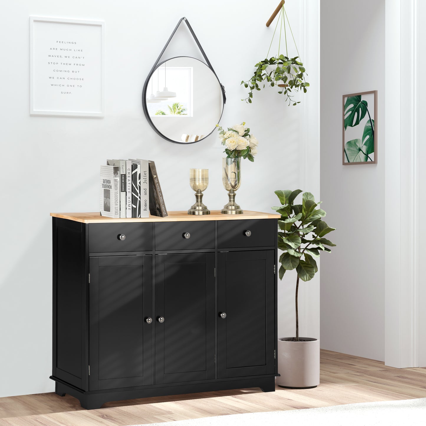 Sideboard with Rubberwood Top and Adjustable Shelves for Dining Room, Kitchen - Black