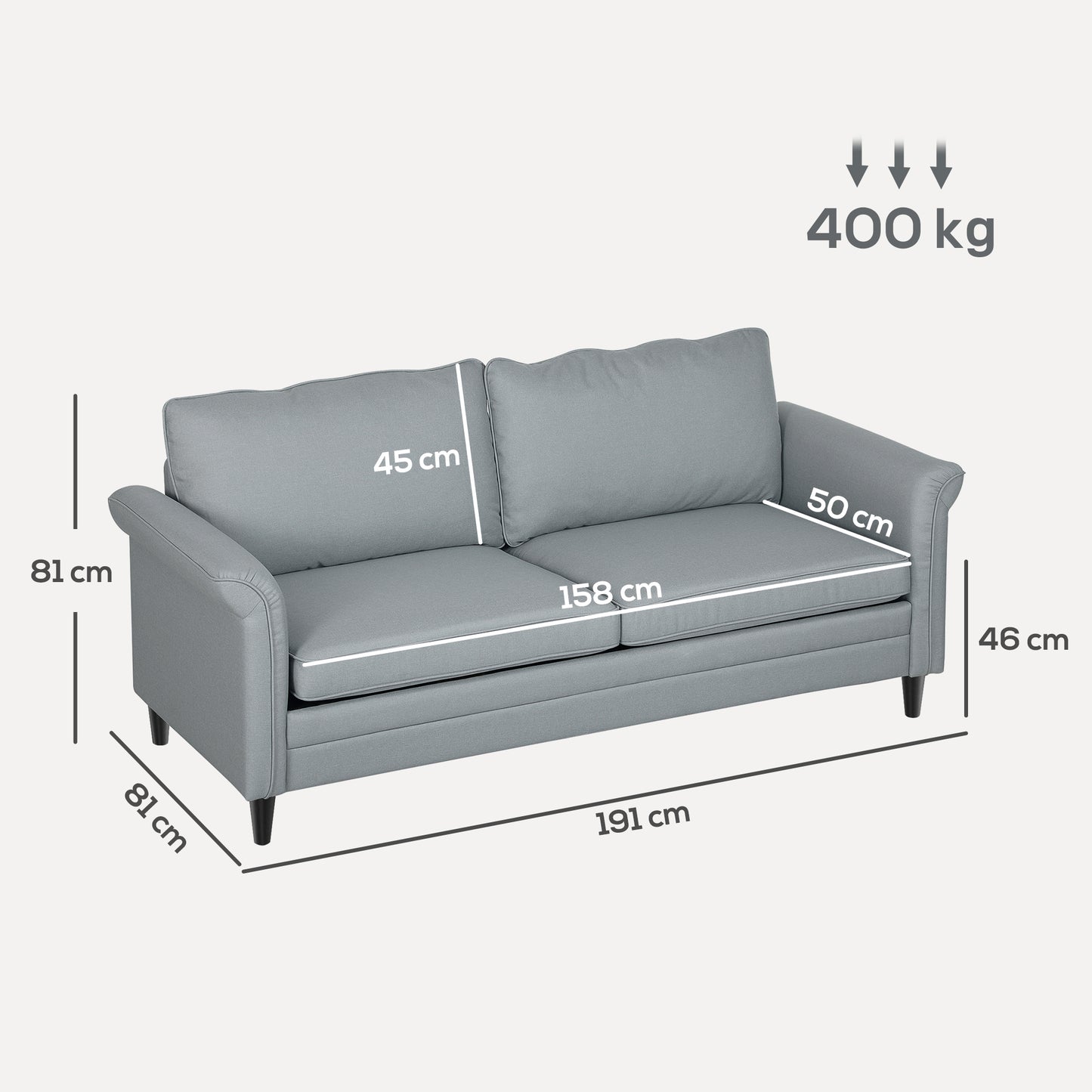 3 Seater Sofa, Modern Fabric Sofa Couch with Spring Cushion, Rubber Wood Legs, 191cm Upholstered Settee for Living Room, Bedroom, Home Office