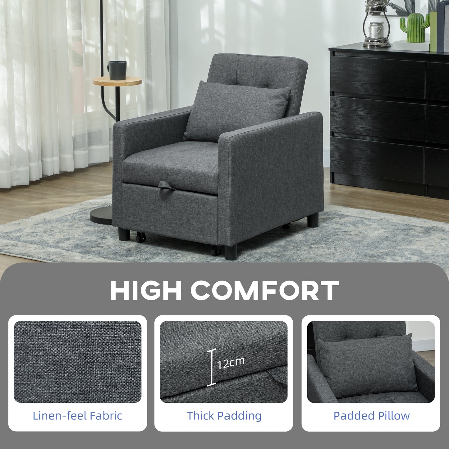 3-In-1 Chair Bed, Convertible Sleeper Chair with Adjustable Backrest, Pillow and Footrest for Living Room, Dark Grey