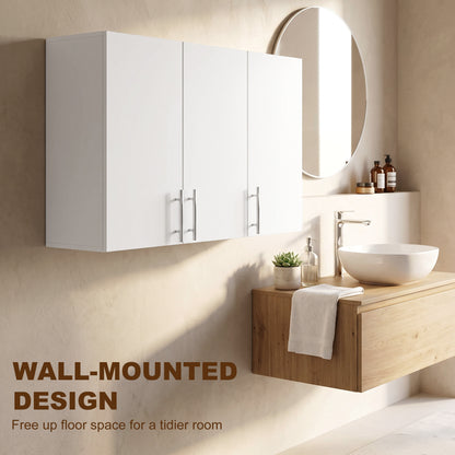 Wall-Mounted Cabinet | White MDF | 90x31x60cm | 3 Doors | Large & Small Cabinet | Adjustable Shelf 6.4cm Steps | Soft-Close Hinges | 20kg | Bathroom Kitchen Living Room