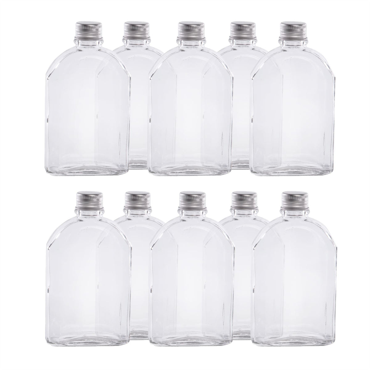 Pukkr Glass Flask Bottles with Screw Lids | Set of 10 × 200ml | Clear Flat Bottles for Sloe Gin, Homemade Drinks & Wedding Favours | 16.2cm Tall
