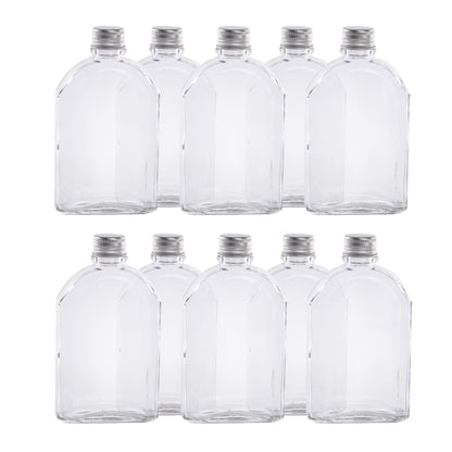 Pukkr Glass Flask Bottles with Screw Lids | Set of 10 × 200ml | Clear Flat Bottles for Sloe Gin, Homemade Drinks & Wedding Favours | 16.2cm Tall
