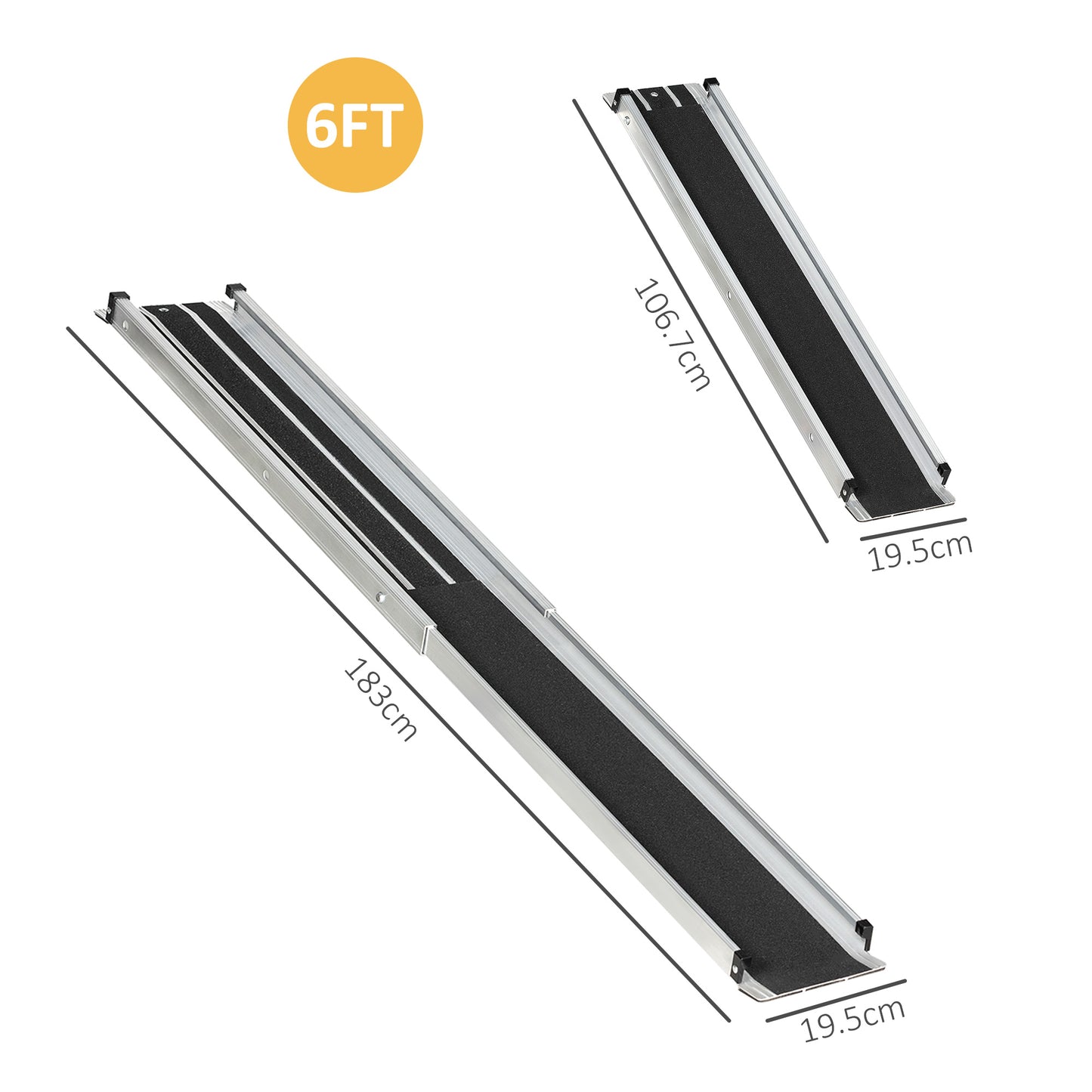 2 Piece Telescopic Wheelchair Assist Ramp, 183L x 19.5Wcm, 270kg, Folding Aluminium Threshold Ramps for Home, Doorways, Steps, Stairs