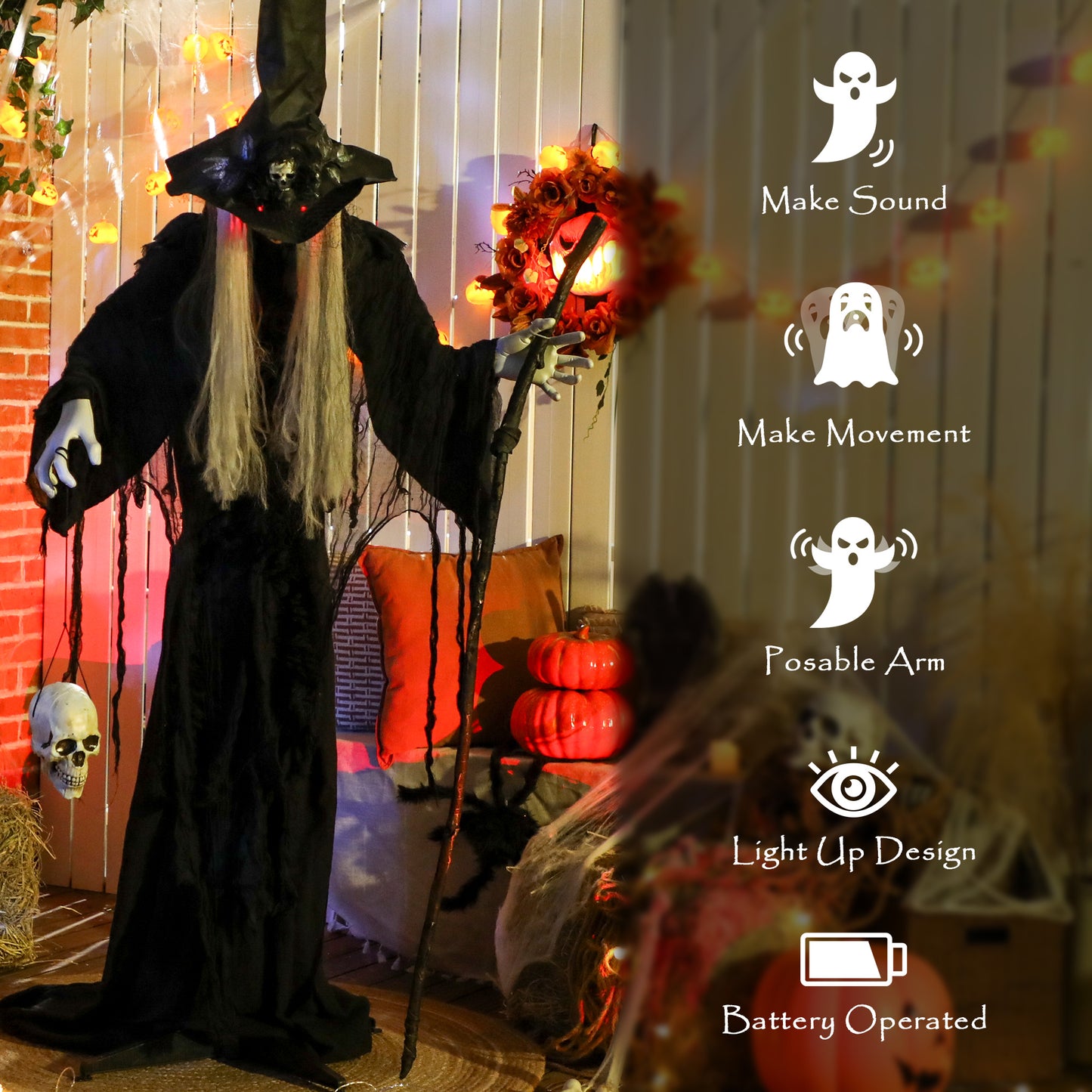 170 cm Life Size Halloween Animated Standing Witch & Staff with Glowing LED Eyes, Spooky Witch Scary Halloween Decorations, Battery Operated, Indoor Party Props