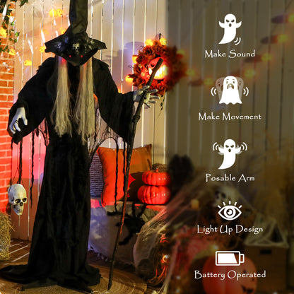 170 cm Life Size Halloween Animated Standing Witch & Staff with Glowing LED Eyes, Spooky Witch Scary Halloween Decorations, Battery Operated, Indoor Party Props