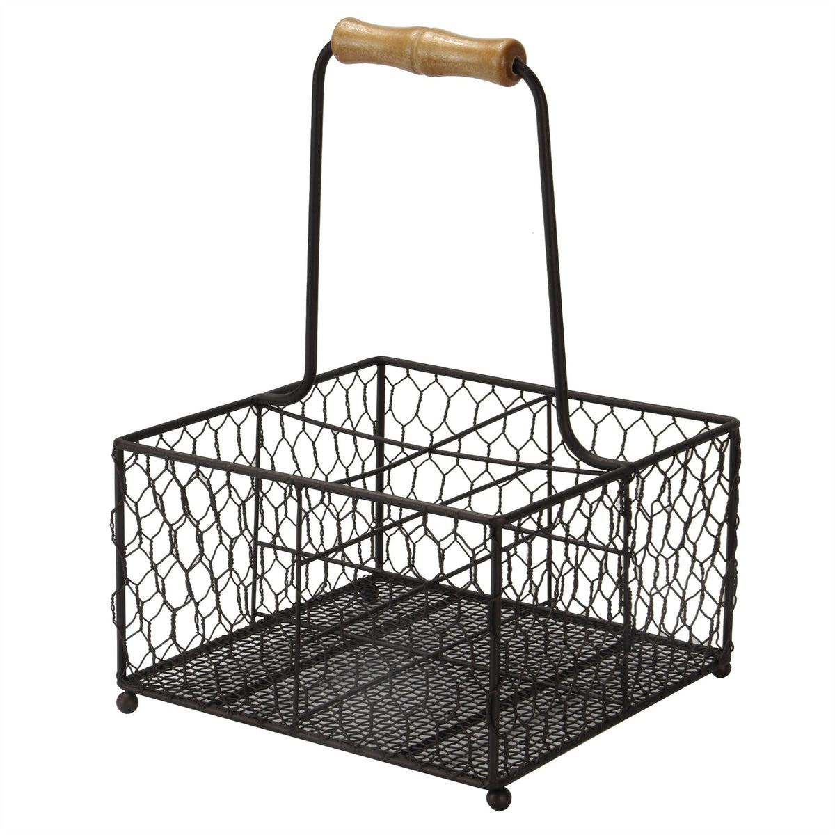 Maison & White 4-Bottle Holder with Aged Wooden Handle | Powder-Coated Steel Wire | Vintage Style | 4 Compartments | 20x20x30cm | Condiments Wine Sauces | Kitchen Dining Table Organiser