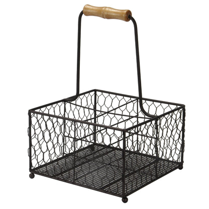Maison & White 4-Bottle Holder with Aged Wooden Handle | Powder-Coated Steel Wire | Vintage Style | 4 Compartments | 20x20x30cm | Condiments Wine Sauces | Kitchen Dining Table Organiser