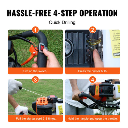 Succebuy Post Hole Digger Gas Powered 52CC 1450W Earth Auger Gas Auger W/ 6”&10” Auger Drill Action Design Bits& Extension Rods