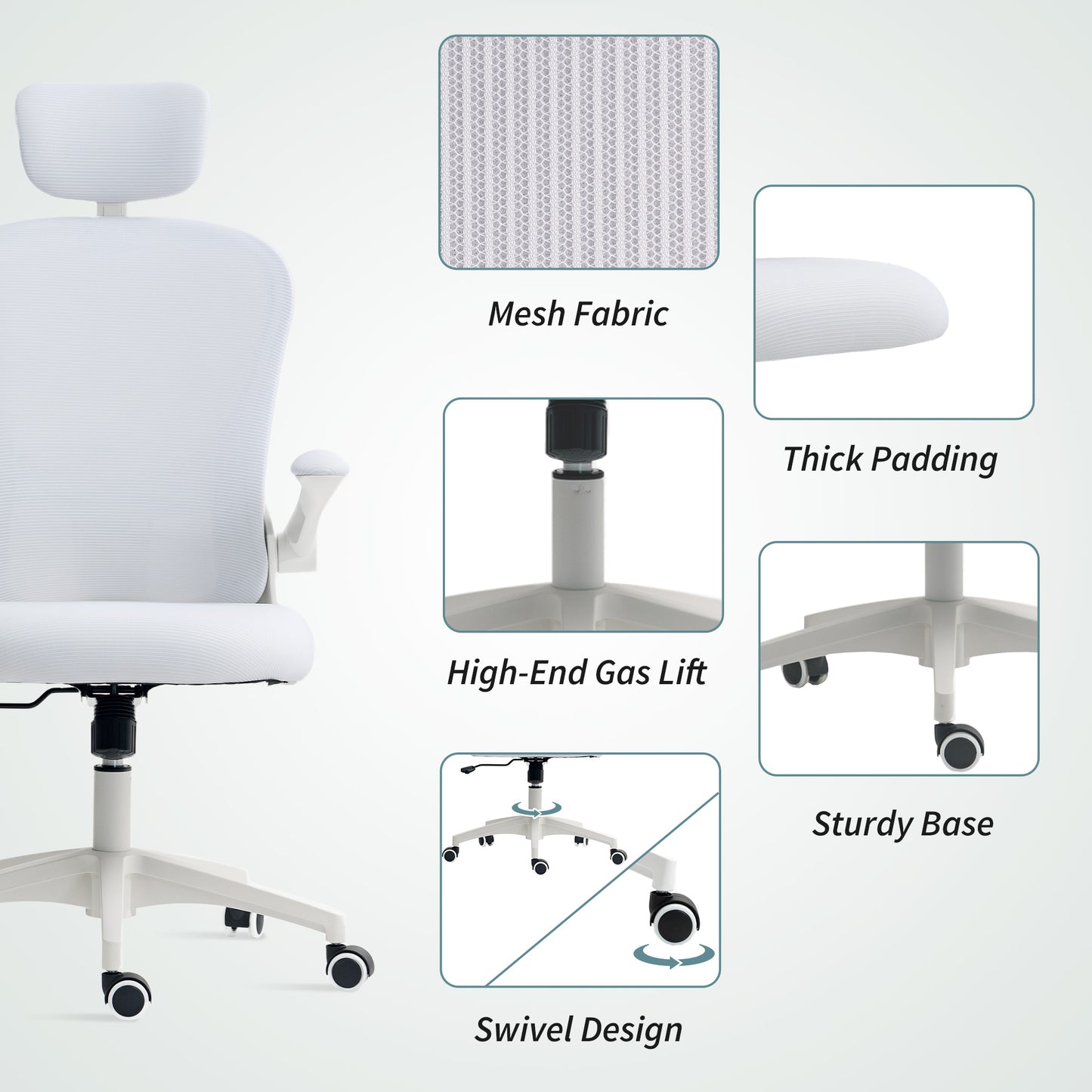 Ergonomic Mesh Office Chair | Adjustable Lumbar Support & Headrest | Flip-Up Armrests | 50x50cm Seat | Height 43-51cm | 360° Swivel | 120kg | White