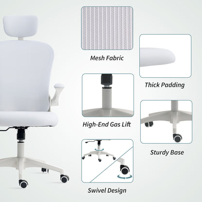 Ergonomic Mesh Office Chair | Adjustable Lumbar Support & Headrest | Flip-Up Armrests | 50x50cm Seat | Height 43-51cm | 360° Swivel | 120kg | White