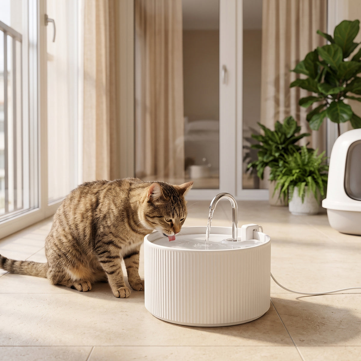 Ceramic Cat Water Fountain 2.2L | BPA-Free Dishwasher-Safe | Tap-Style Flow & Bubbling Mode | 4-Layer Filtration | Under 20dB Ultra-Quiet Pump | White | 20x21x20cm | For Cats & Dogs