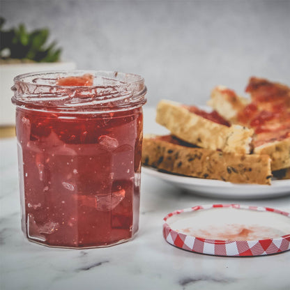 Maison & White Set of 12 Wide Mouth Glass Jam Jars | 324ml | 9.8x9cm | Gingham Lids | Airtight Vinegar-Proof | Oven Fridge & Dishwasher Safe | 2-Year Guarantee