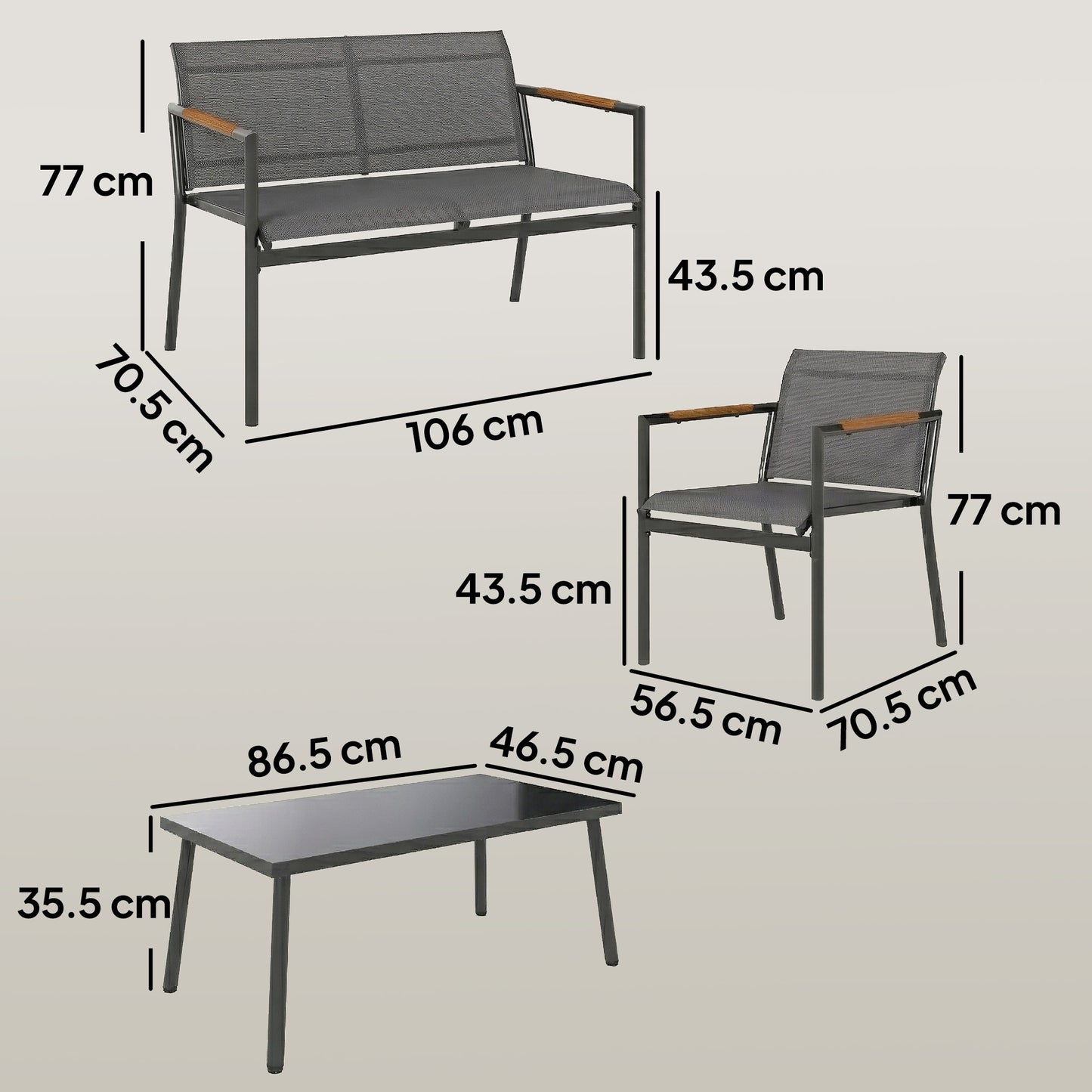 4-Piece Garden Furniture Set | Loveseat, 2 Armchairs & Table | Breathable Mesh | Grey