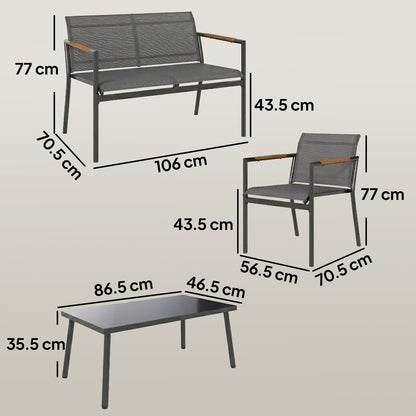 4-Piece Garden Furniture Set | Loveseat, 2 Armchairs & Table | Breathable Mesh | Grey