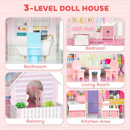 AIYAPLAY Pink 3-Storey Dolls House | 70cm MDF Dollhouse with LED Strip & Balcony | 8 Furniture Pieces | Open-Front Play | Ages 3–6