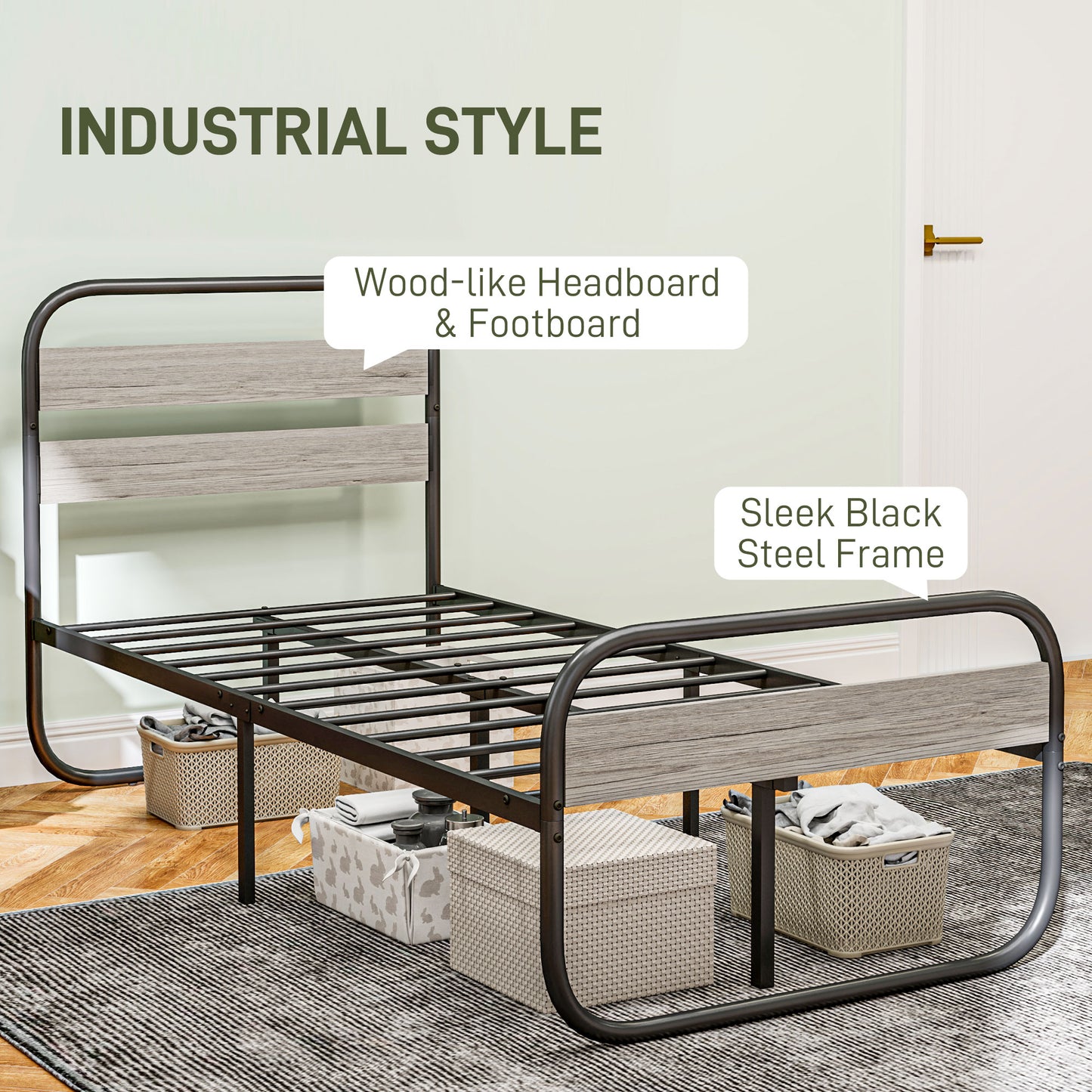 3ft Single Bed Frame, Industrial Style Metal Platform Bed Frame with Under Bed Storage, No Box Spring Needed, Easy Assembly, Grey
