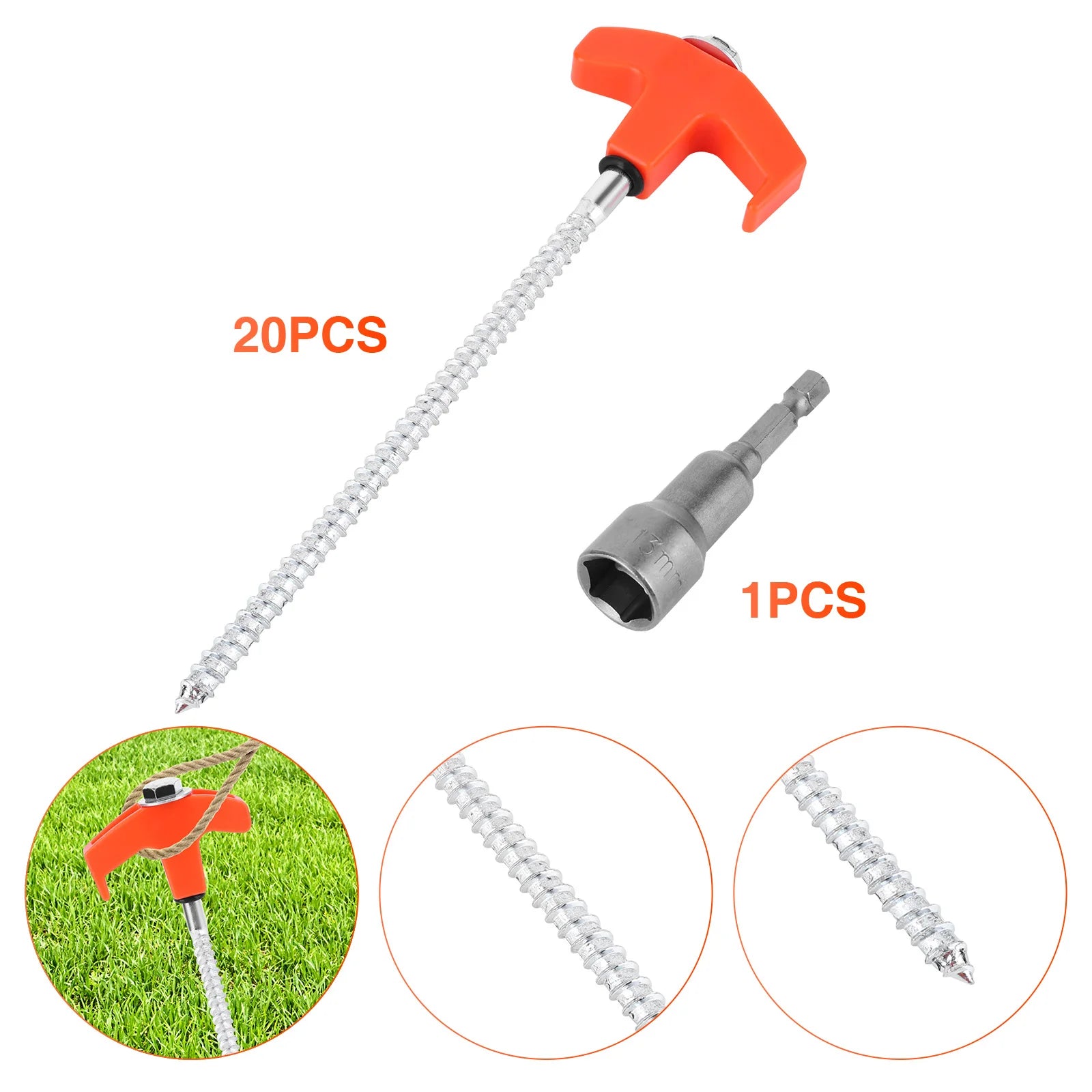 20 Pack 7Inch Pegs Screw in Drill Top & Hex Head Driver and Storage Box Heavy Duty Ground Pegs Awning Pegs for Camping Grassland