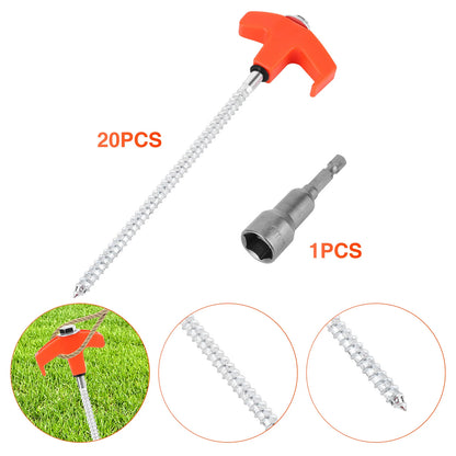 20 Pack 7Inch Pegs Screw in Drill Top & Hex Head Driver and Storage Box Heavy Duty Ground Pegs Awning Pegs for Camping Grassland