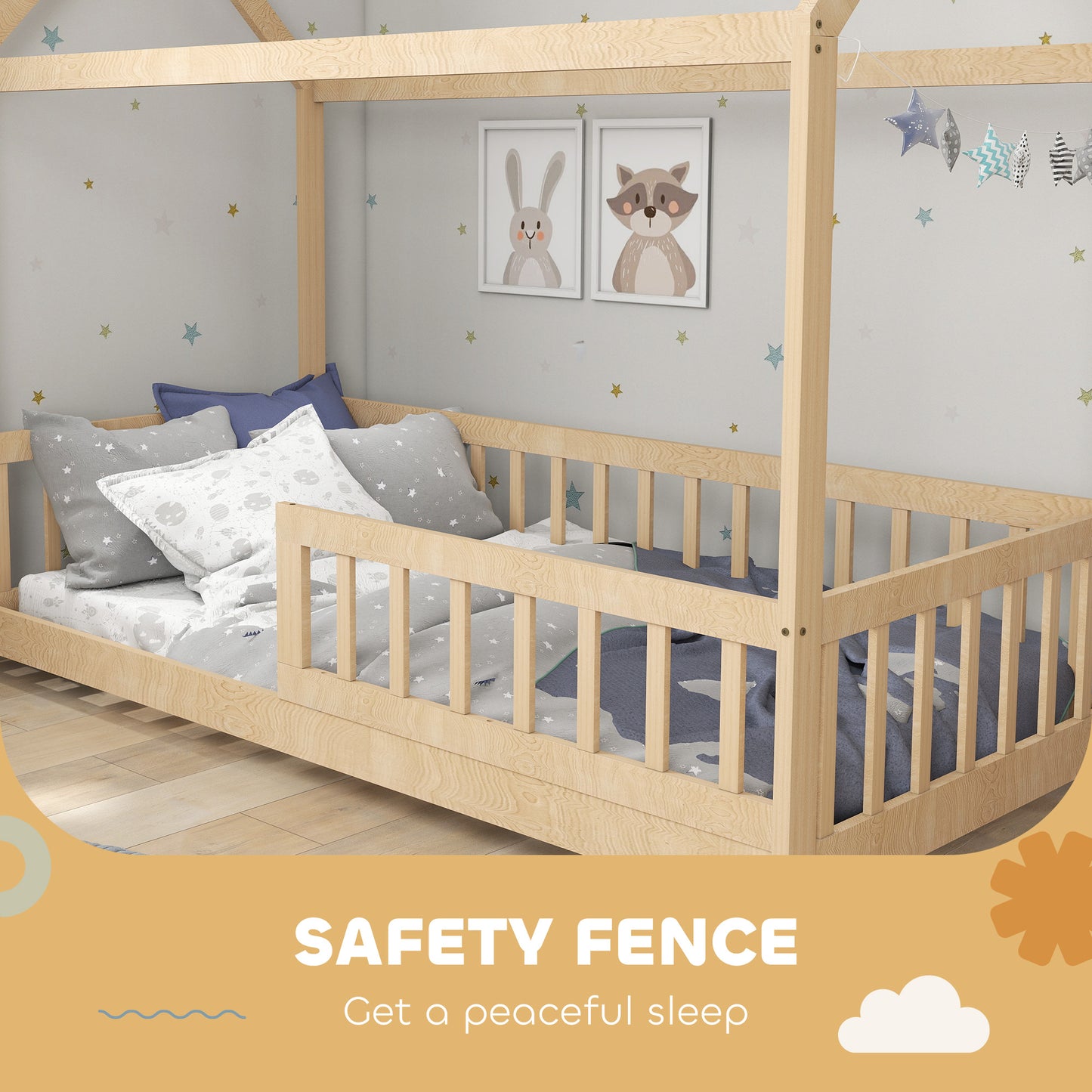 House-Shaped Kids Bed Frame with Guard Rails, Solid Pine Wood Single Bed Frame for Kids Boys and Girls, Natural