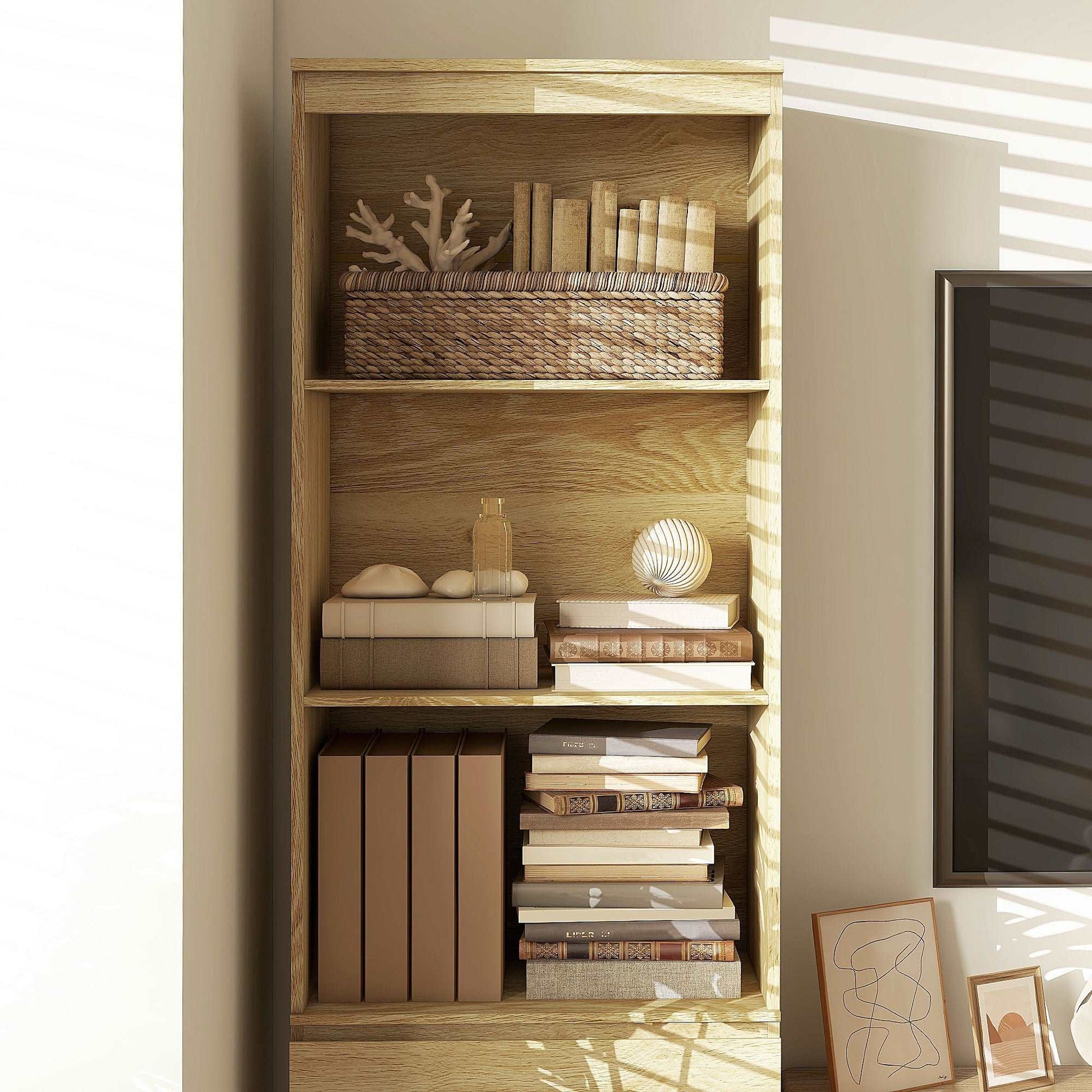 180cm Tall Bookcase with Storage, Free Standing Bookshelf with 3 Shelves and 3 Drawers, Display Cabinet for Living Room, Home Office, Bedroom, Oak