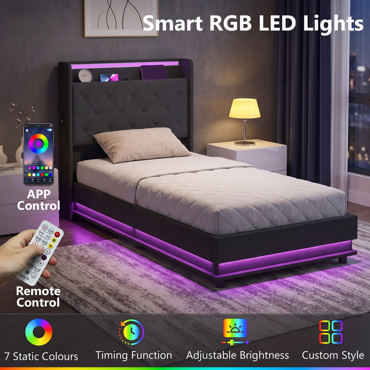 3ft Single Ottoman Bed Frame | Hydraulic Storage, RGB LED Headboard Lights & USB Charging | Black or Cream White