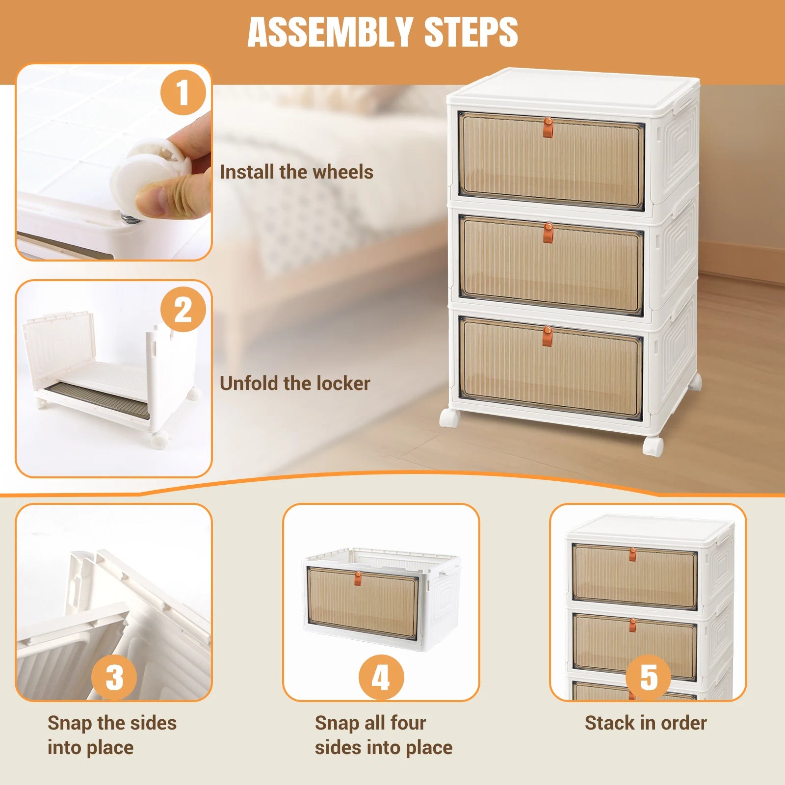 3/4/5-Tier Storage Boxes with Lid, Plastic Storage Boxes with 4 Universal Wheels, Organiser for Bedroom Living Room Study Office