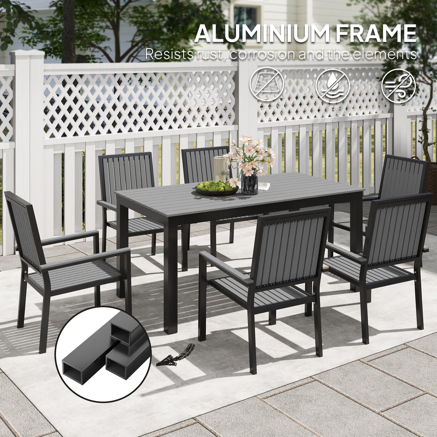 6 Seater Garden Dining Set with Stackable Chairs, Aluminium Frame, Rectangular Plastic Top, Garden Furniture Set, Outdoor Dining Table and Chairs