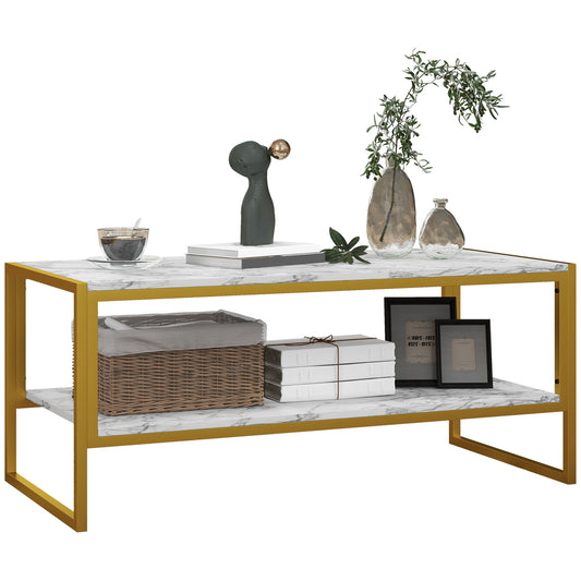 Two-Tier Coffee Table, Modern Marble Effect Center Table with Storage Shelf and Metal Frame, Tea Table for Living Room, White