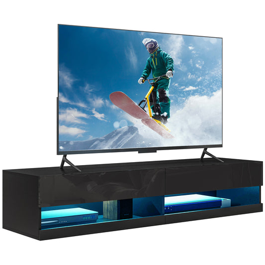 Floating TV Unit Wall Mounted TV Cabinet, High Gloss Media Wall Unit with LED Lights, Storages Shelves for Living Entertainment Room, Black