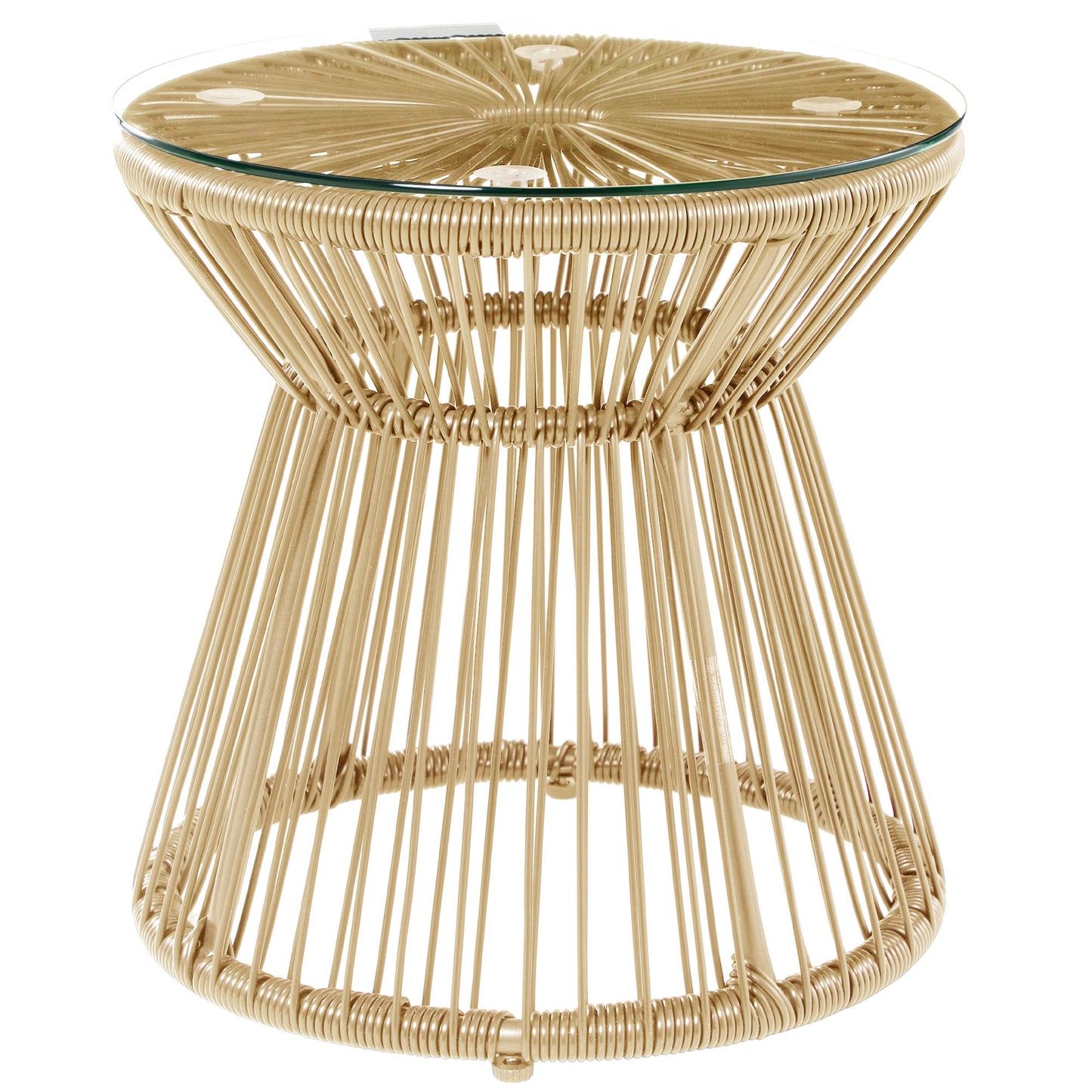 Round End Table, Rattan Side Table, Hollow Drum Design Coffee Table w/ Glass Tabletop for Patio, Garden, Balcony Natural