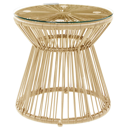 Round End Table, Rattan Side Table, Hollow Drum Design Coffee Table w/ Glass Tabletop for Patio, Garden, Balcony Natural