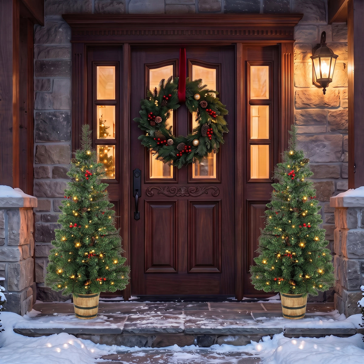Set of 2 Pre-Lit Christmas Trees | Green PVC Steel | 120cm 4ft | 100 LEDs Warm White Multicolour | 11 Modes Remote | Pine Cones Berries | Battery Operated | Barrel Pot Base | Flame Retardant