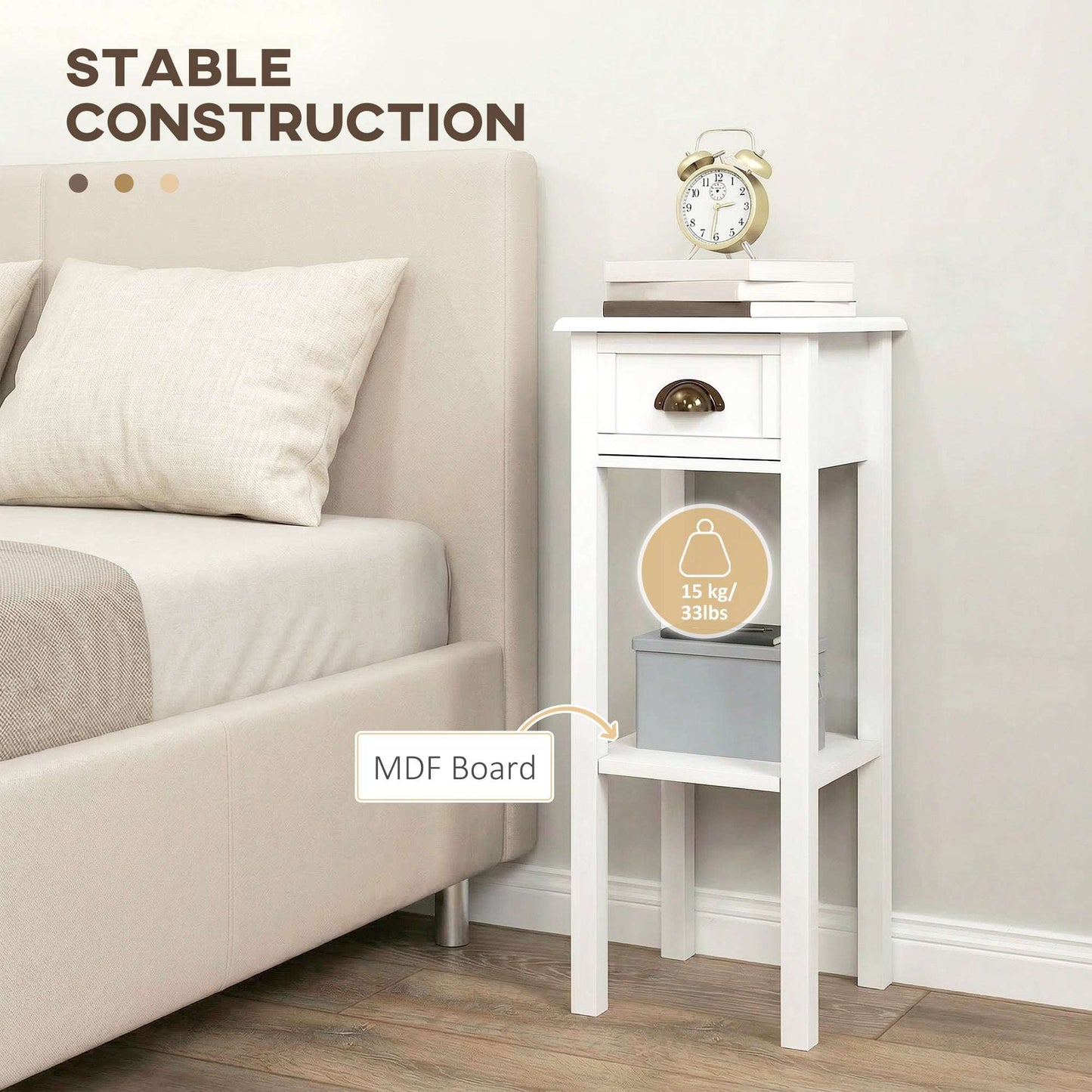 Set of 2 Side Tables | Drawer & Open Shelf | Slim 30x30x75cm | Anti-Tip | Elevated Base | MDF | White