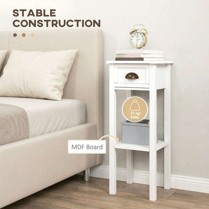 Set of 2 Side Tables | Drawer & Open Shelf | Slim 30x30x75cm | Anti-Tip | Elevated Base | MDF | White