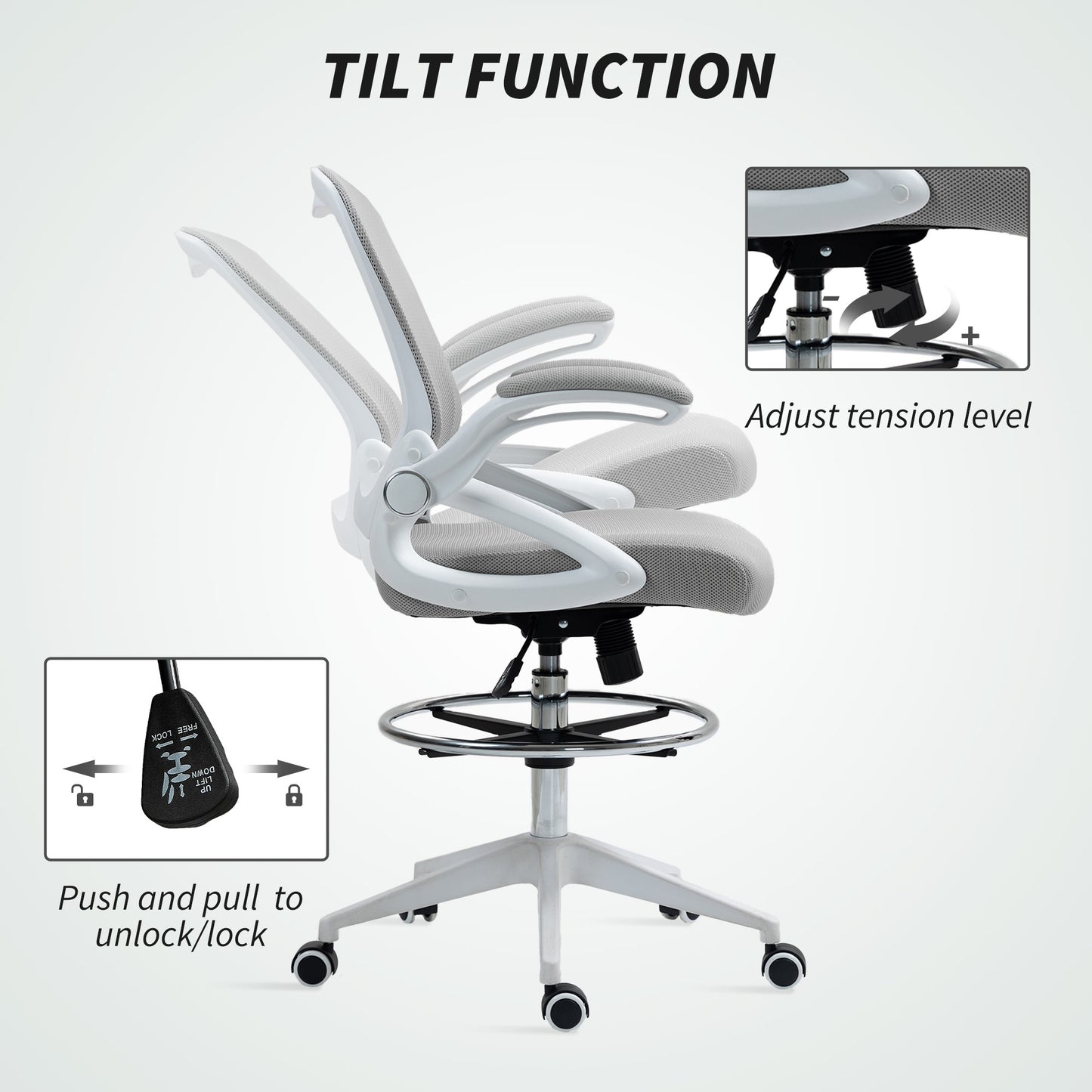 Drafting Chair for Standing Desk | Mesh Back | Foam Seat | Flip-Up Armrests | Foot Ring | 360° Swivel | Height Adjustable 106-126cm | 120kg | Light Grey