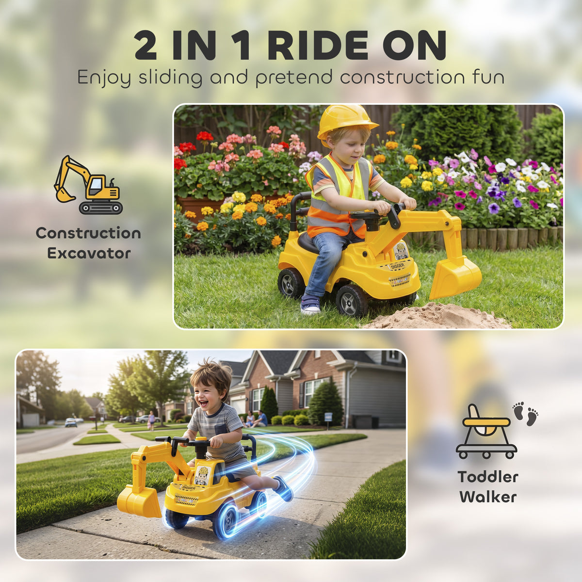 Kids Ride On Excavator Digger Toy | 33cm Manual Digger Arm & Separate Bucket | Forward Backward & Turning | Horn Steering Wheel & Air Horn | Under-Seat Storage | PP Body | 15kg Max | 77x26.5x39cm | Ages 1–3 | Yellow