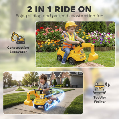 Kids Ride On Excavator Digger Toy | 33cm Manual Digger Arm & Separate Bucket | Forward Backward & Turning | Horn Steering Wheel & Air Horn | Under-Seat Storage | PP Body | 15kg Max | 77x26.5x39cm | Ages 1–3 | Yellow