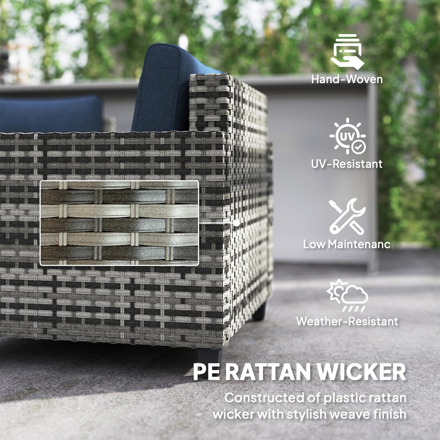 6 Pieces Rattan Garden Furniture Set, 5 Seater Wicker Outdoor Furniture Set with 2 Armchairs, Steel Frame Coffee Table and Cushions / Navy Blue