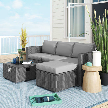 Outsunny Five Piece Rattan Garden Furniture Set with Gas Fire Pit Table and Footstool - Grey