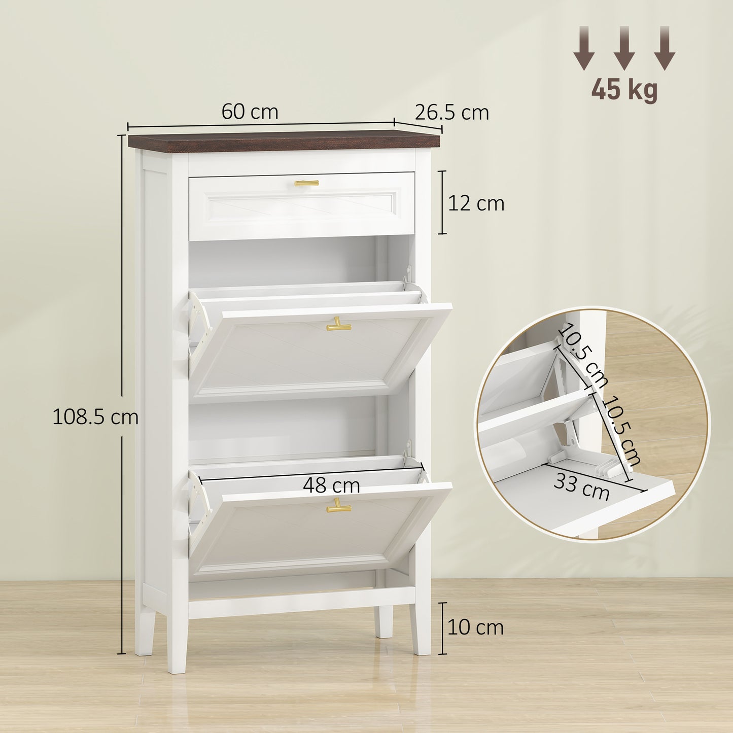 Farmhouse Narrow Shoe Cabinet | 2 Flip Drawers + Top Drawer | Gold Handles | White | 108.5cm