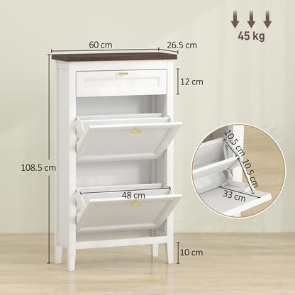 Farmhouse Narrow Shoe Cabinet | 2 Flip Drawers + Top Drawer | Gold Handles | White | 108.5cm
