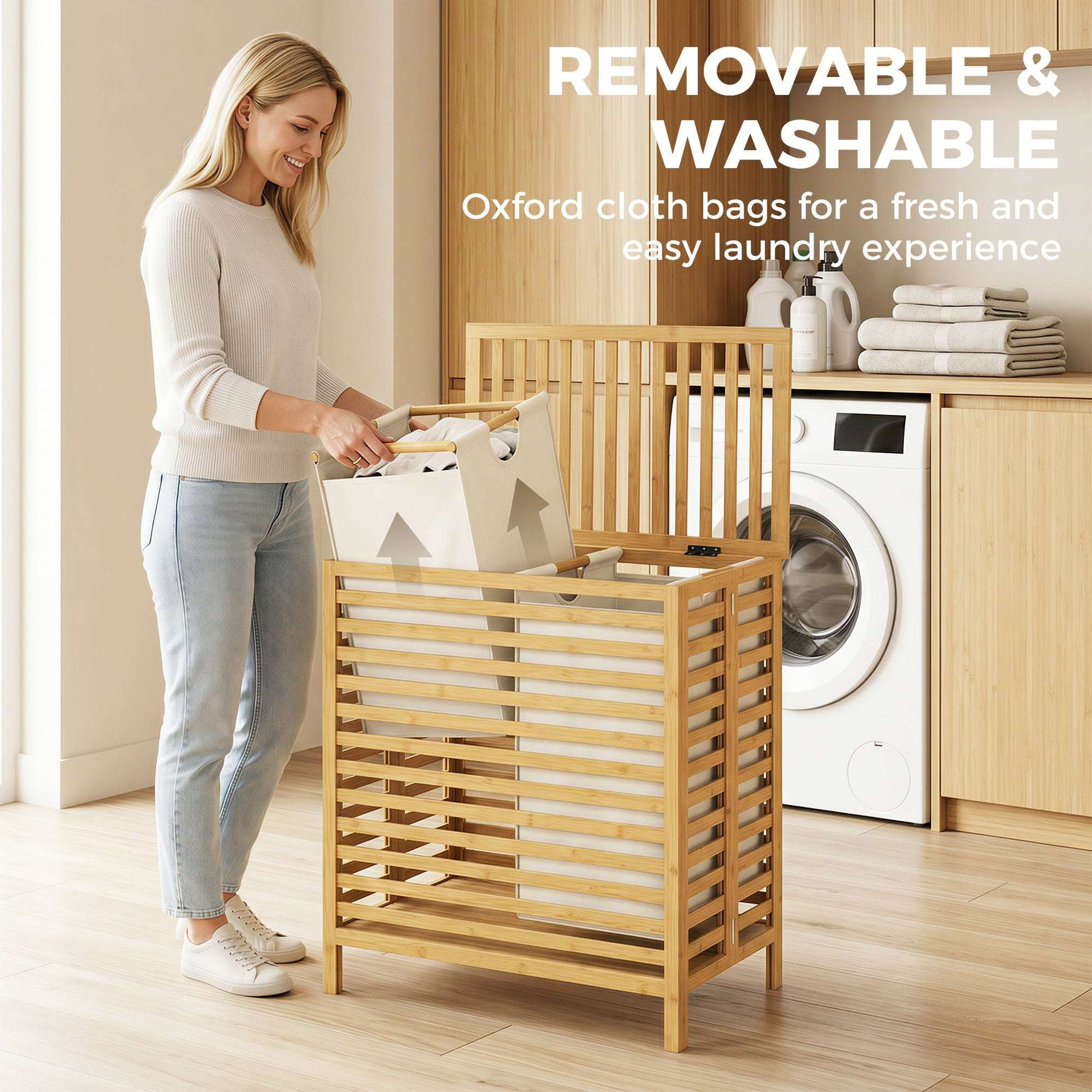 Bamboo Laundry Basket | Double 64L | 2 Washable Oxford Bags | Lid | Top Shelf | Foldable | 30kg | Natural & Cream White