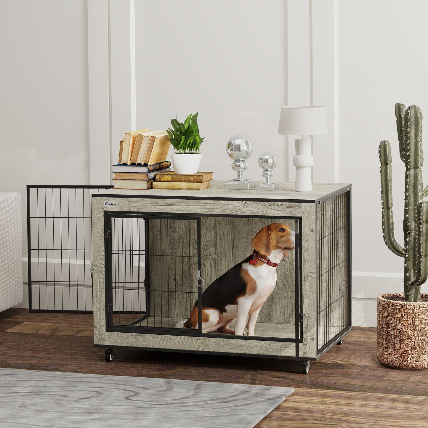 Dog Crate Furniture Side Table with Wheels | Double Doors | Interchangeable Side Door | Medium Dogs up to 20kg | 80 x 56 x 62.5cm | Grey