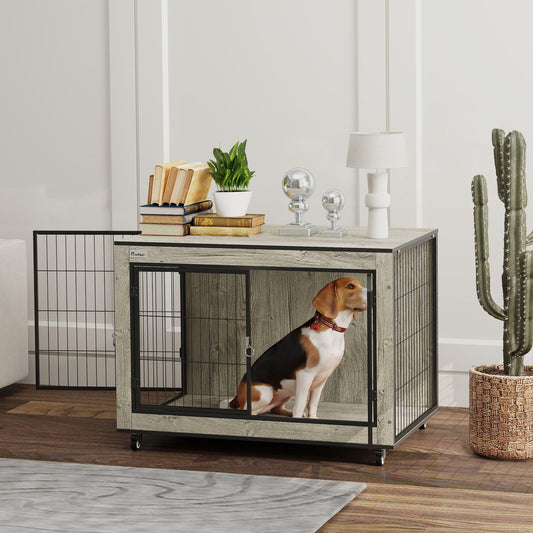 Dog Crate Furniture Side Table with Wheels | Double Doors | Interchangeable Side Door | Medium Dogs up to 20kg | 80 x 56 x 62.5cm | Grey