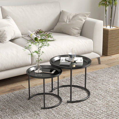 Nesting Tables Set of 2, Side End Table with Removable Tabletop Tray and Steel Frame for Living Room, Bedroom, White