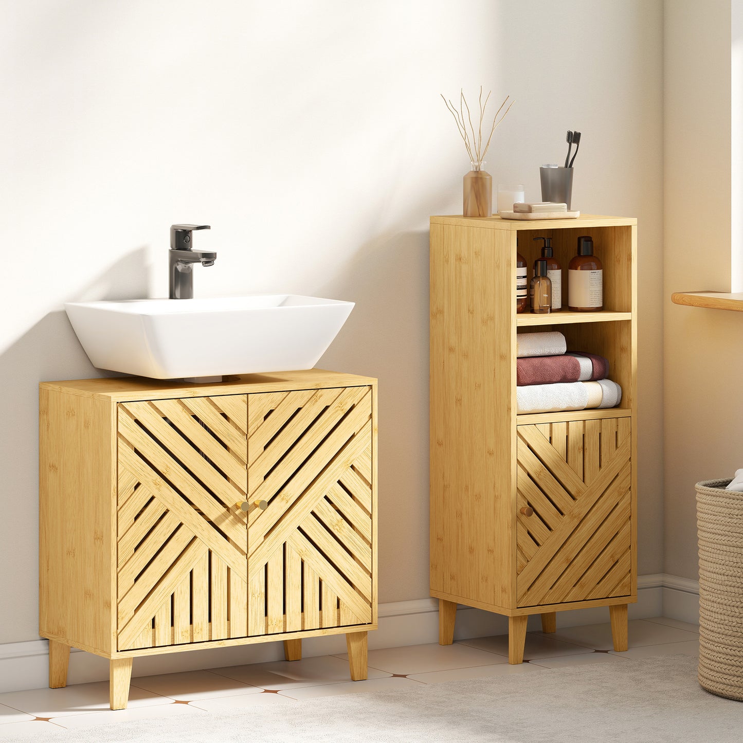 Bamboo Bathroom Under Sink Cabinet with Adjustable Shelf for Basin without Pedestal - Natural