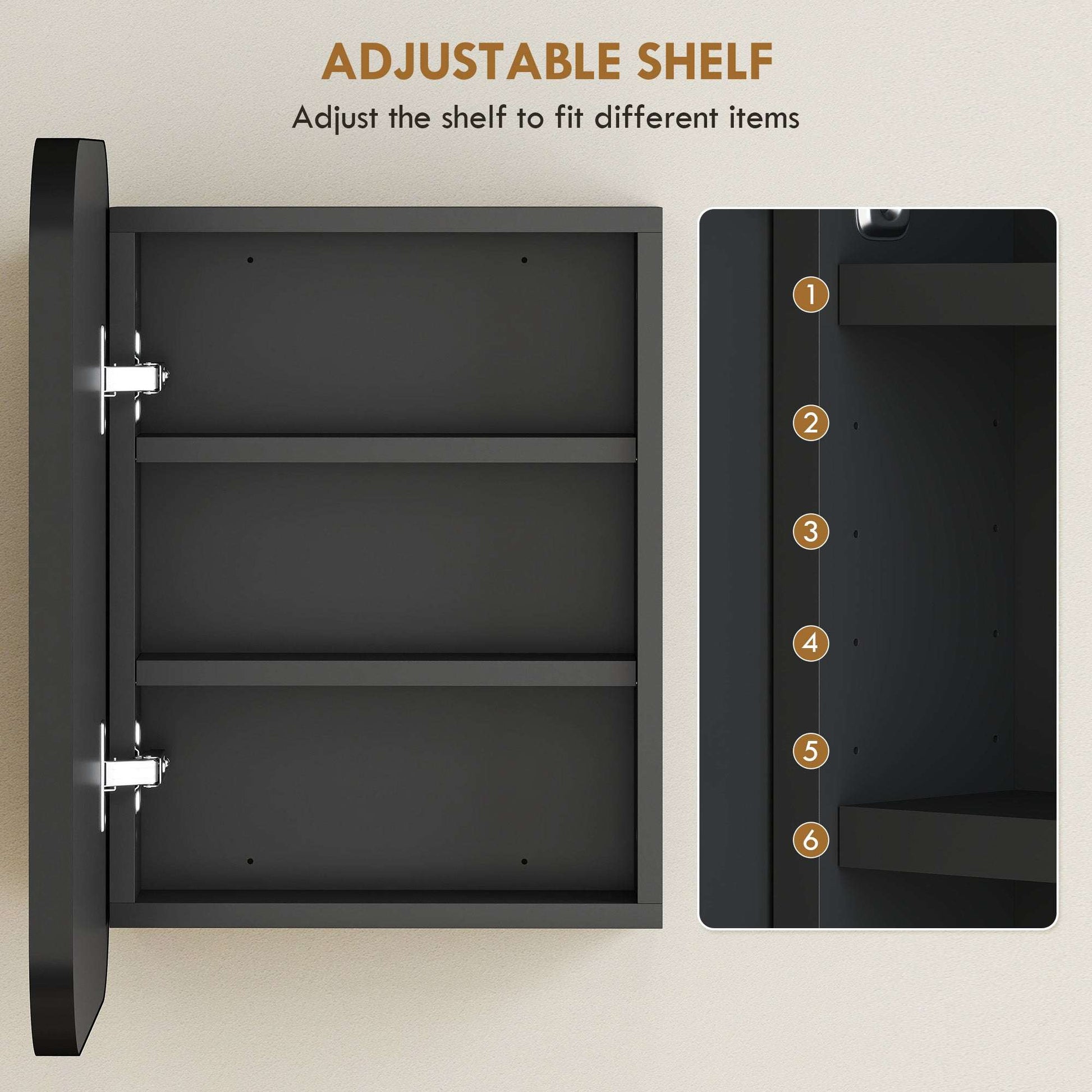 Bathroom Mirror Cabinet | Wall Mounted | 2 Adjustable Shelves | Soft Close Hinges | Arc Mirror | 40x10x51cm | 6kg | Black
